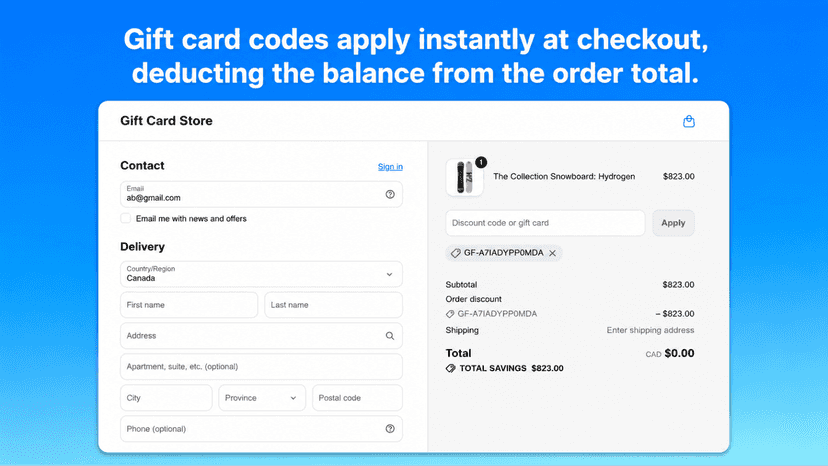 Gift card code applied and discount at checkout