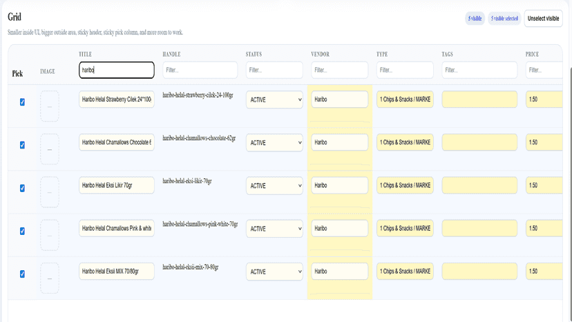 Edit products in bulk using spreadsheet-style interface