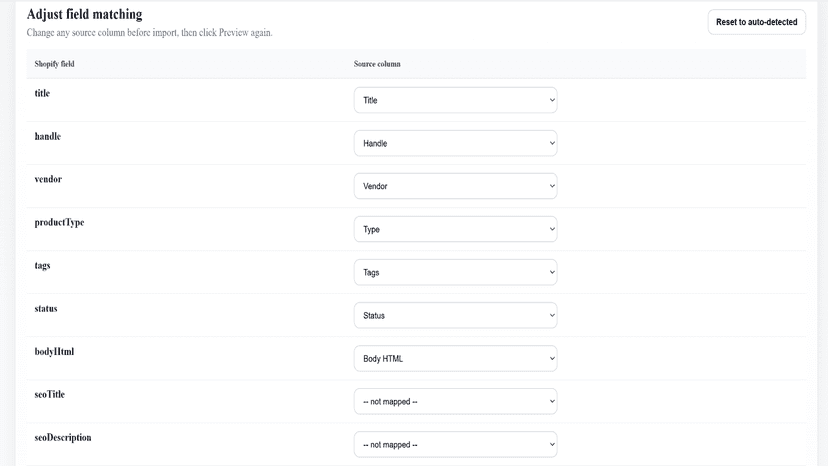 Import products with preview and field mapping