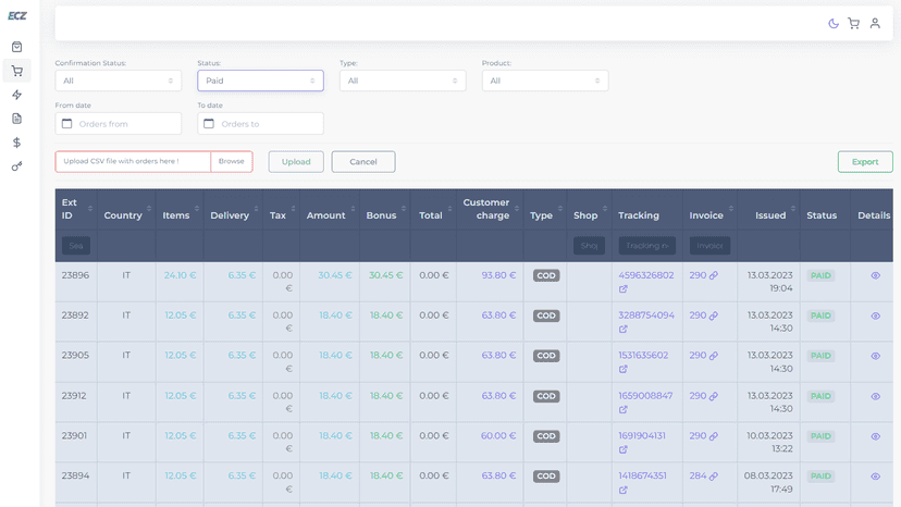eComZone dropshipping platform orders page