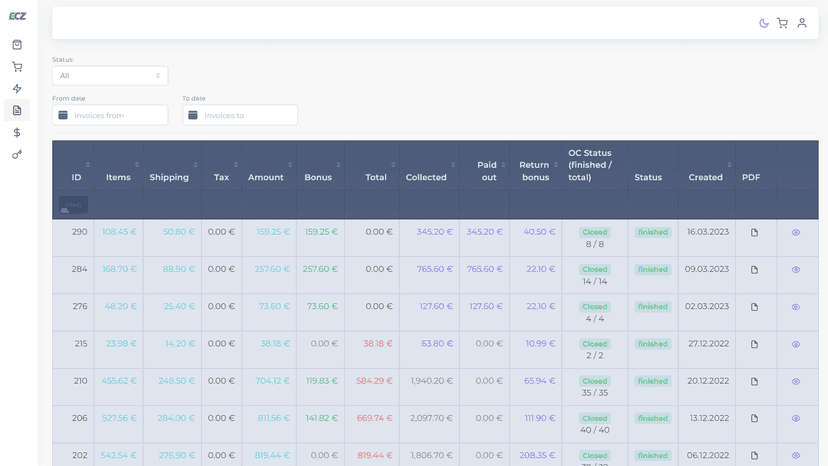 eComZone dropshipping platform invoices page
