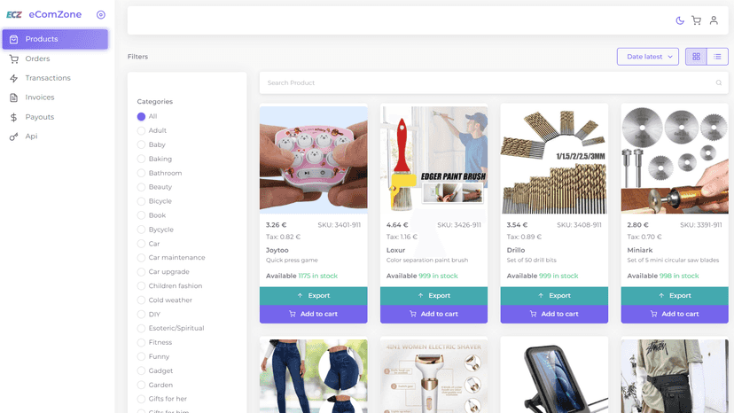 eComZone dropshipping platform catalog page