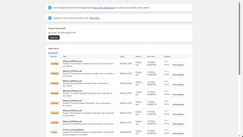 Feed health alerts and prioritized catalog issues