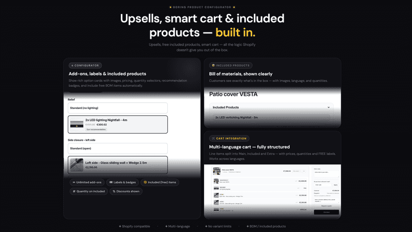 Upsells, smart cart & included products — built in.
