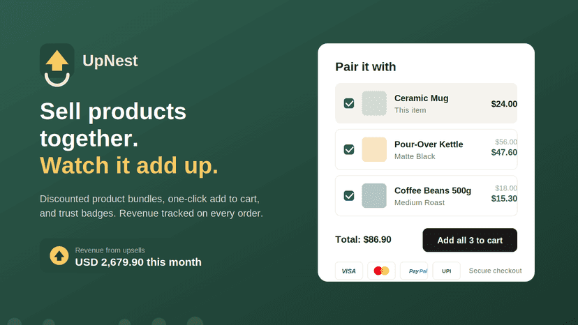 UpNest bundle widget with discounts, totals and trust badges