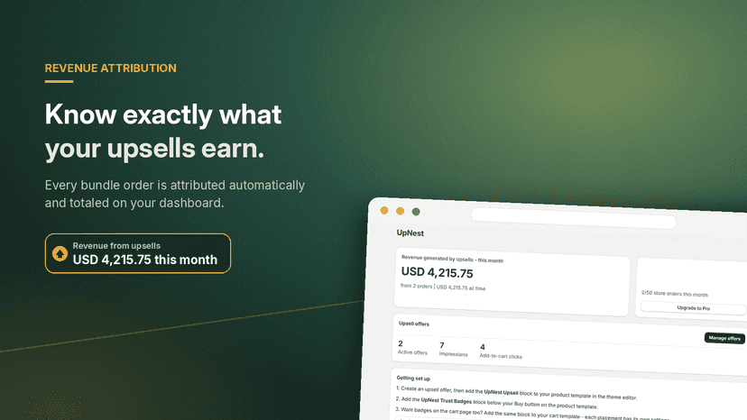 UpNest dashboard showing revenue generated by upsell offers