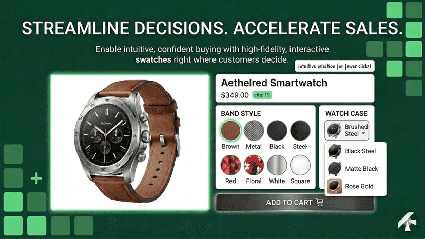 Smartwatch page with swatches positioned below Add to Cart.