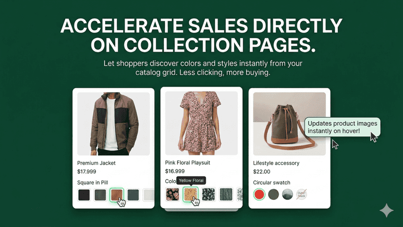 Collection page grid with swatches below products to speed sales