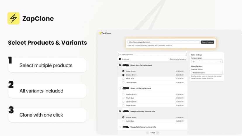 ZapClone screen showing product and variant selection for clonin
