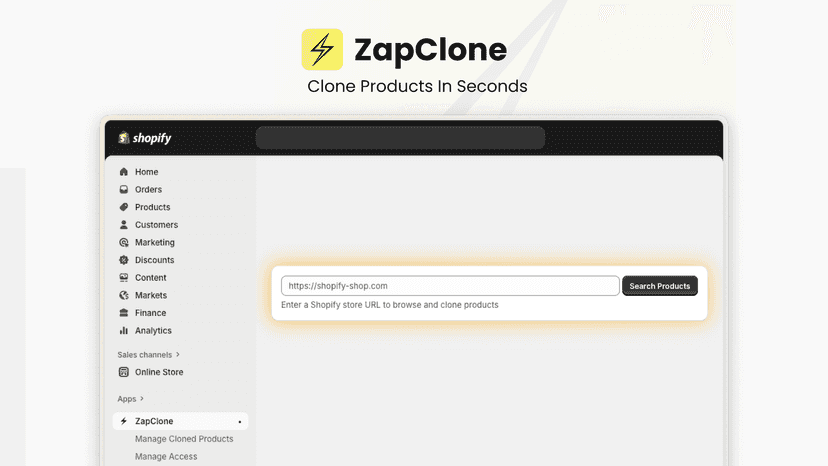 ZapClone interface with store URL input for fast product cloning