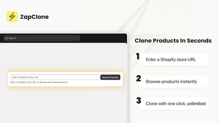 ZapClone interface with store URL input for fast product cloning