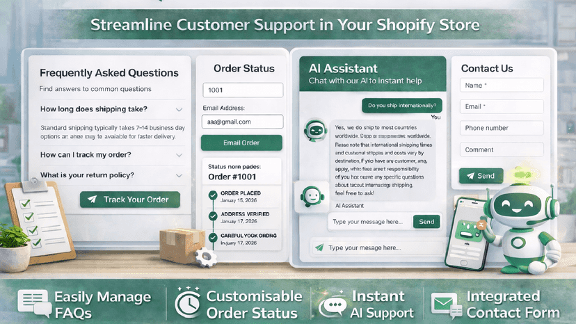 All-in-one contact page with FAQs, order status and AI chat