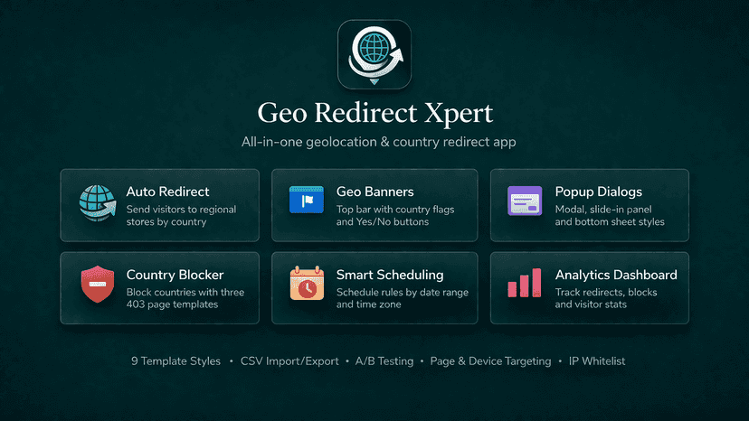 Geo Redirect Xpert features - redirect, banners, popups, blocker