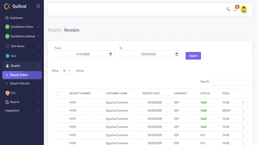 QuiXcel Shopify Orders: Egyptian Customer EGP 26/03/2026