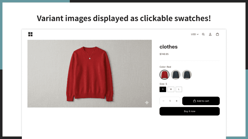 Variant images displayed as clickable swatches!