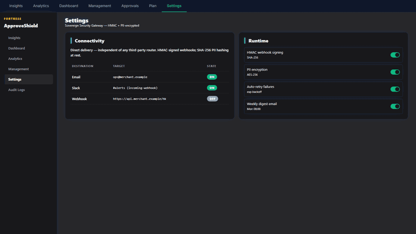 ApproveShield Settings — configure alerts and thresholds