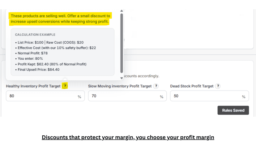 Boon COGS and Margins page showing profit target settings for he