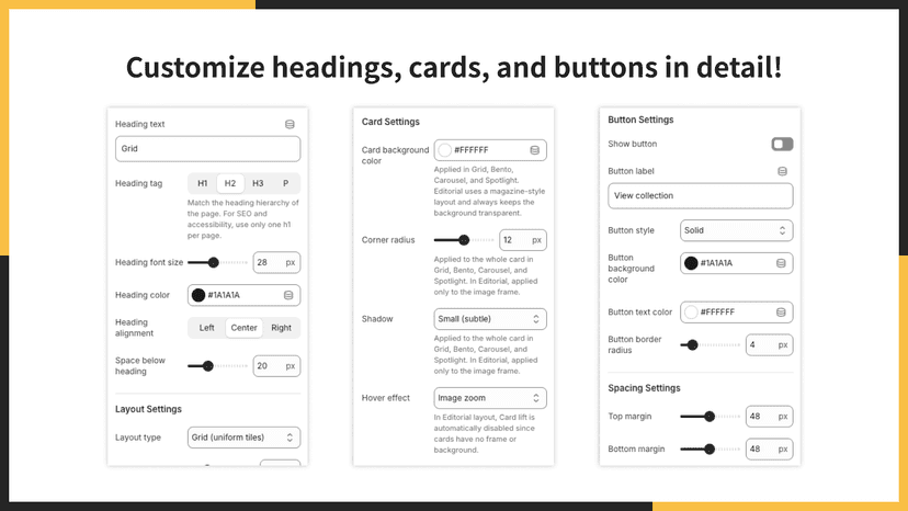 Customize headings, cards, and buttons in detail!