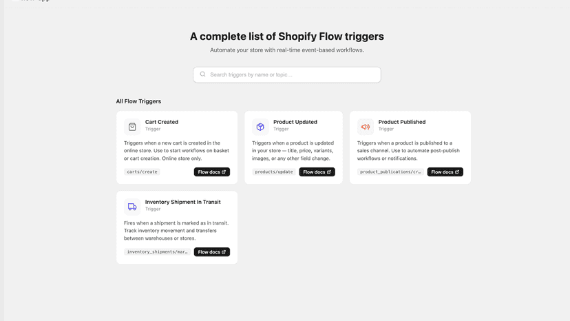 Shopify Flow triggers list with cart, product, inventory
