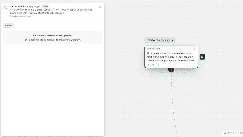 Shopify Flow editor showing cart created trigger