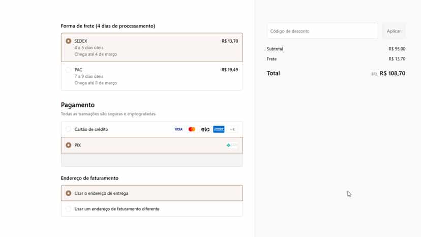 Frete calculado no Checkout