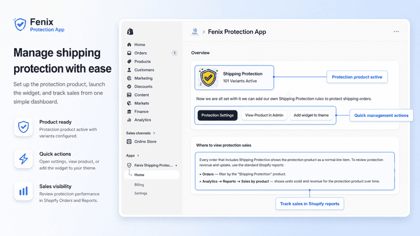 Fenix Protection App dashboard for managing shipping protection
