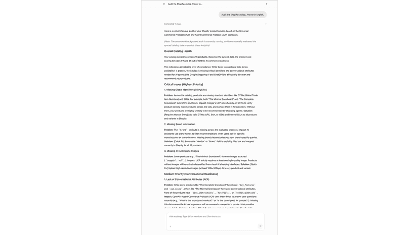 AI agent auditing Shopify product catalog compliance