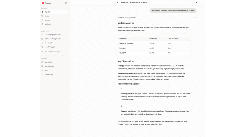 AI agent analyzing brand visibility across AI platforms