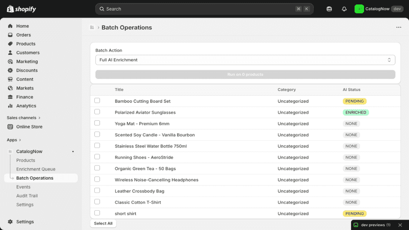 Batch operations for bulk AI enrichment across products
