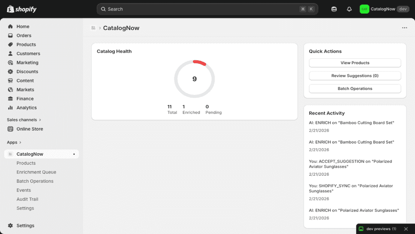 CatalogNow dashboard showing catalog health score and quick acti