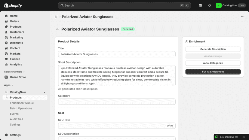 AI enrichment panel with generate buttons and pending suggestion