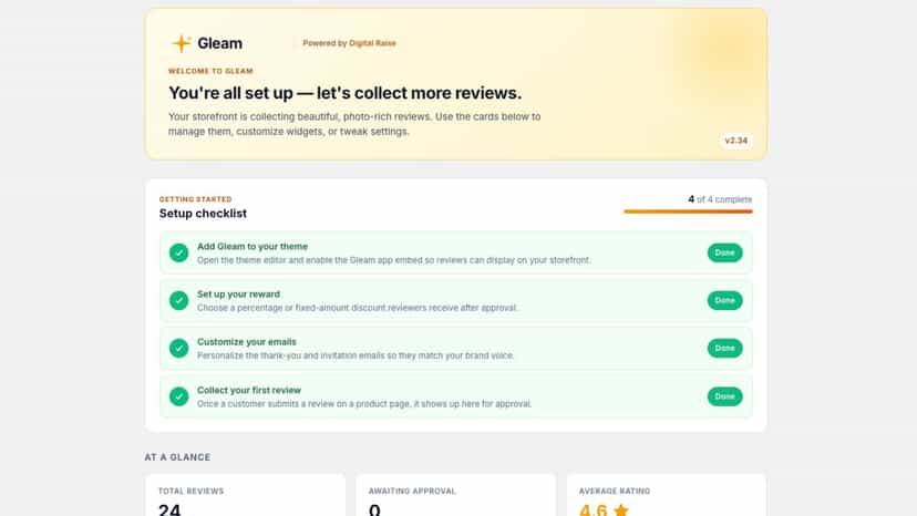 Setup checklist with 4 of 4 onboarding steps completed