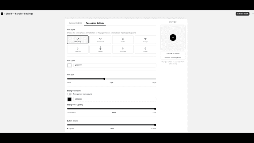 Skroll app admin showing Appearance Settings page
