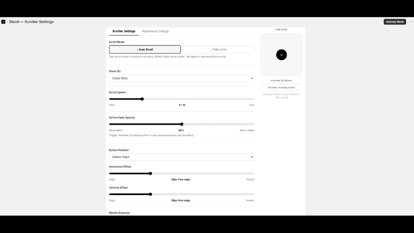 Skroll app admin showing Scroller Settings page
