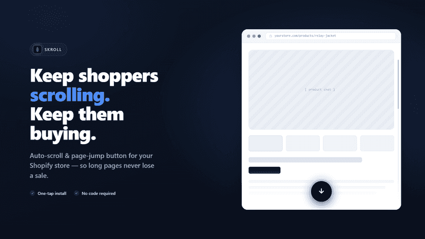 Skroll floating auto-scroll button on a Shopify storefront