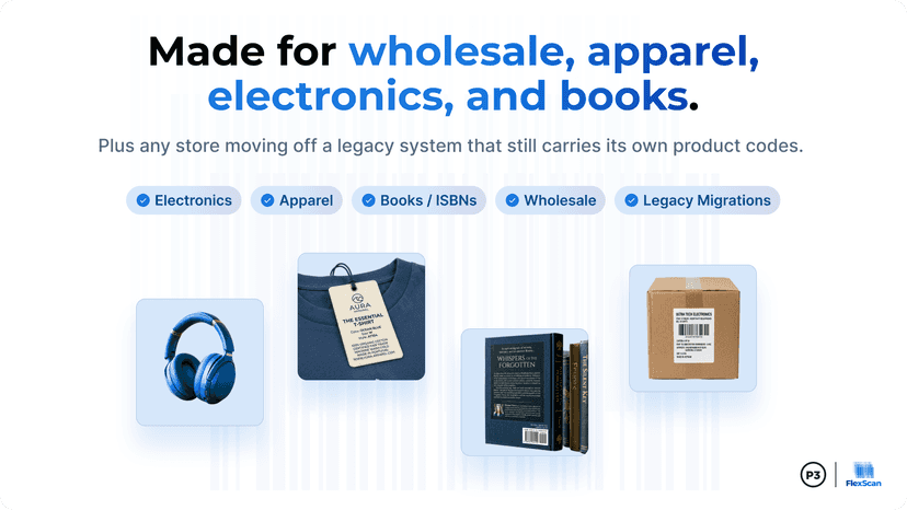 Made for wholesale, apparel, electronics, and books