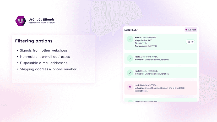 Filtering options: e-mail addresses, signals from other webshops