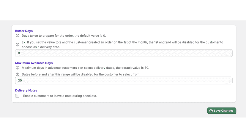 Delivery Calender Settings