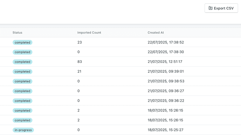 Show history of oldest import and export the relative CSV