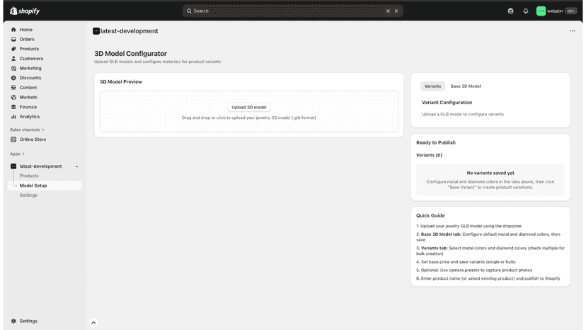 Drag-and-drop GLB model upload with built-in setup guide.