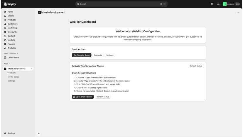 Quick setup dashboard with one-click theme activation guide.