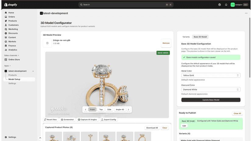 Set default materials, save base config, publish to Shopify