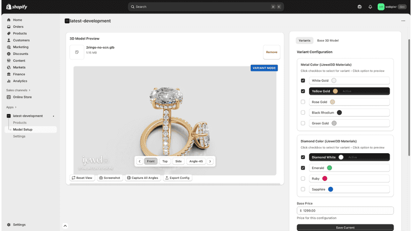 Create variants with 5+ metals & gems, live 3D preview.