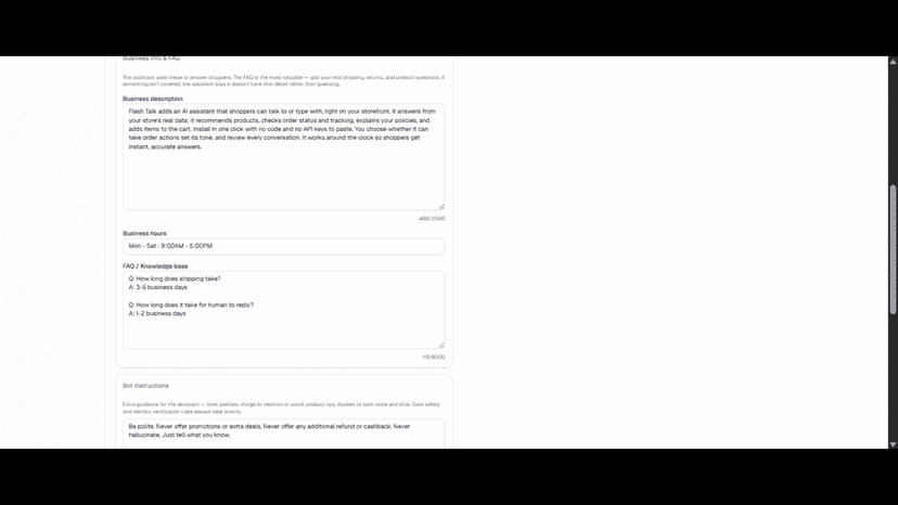 Flash Talk dashboard with assistant settings and FAQ