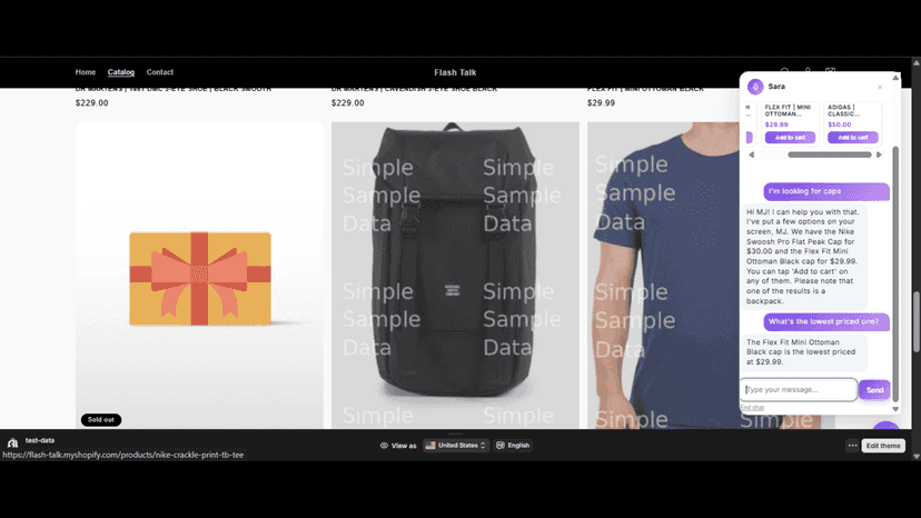 Product cards with price and add-to-cart inside the chat