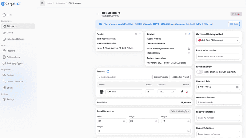 Shipment creation