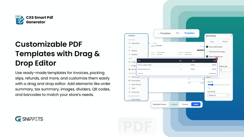 Customizable PDF templates for drag and drop editor