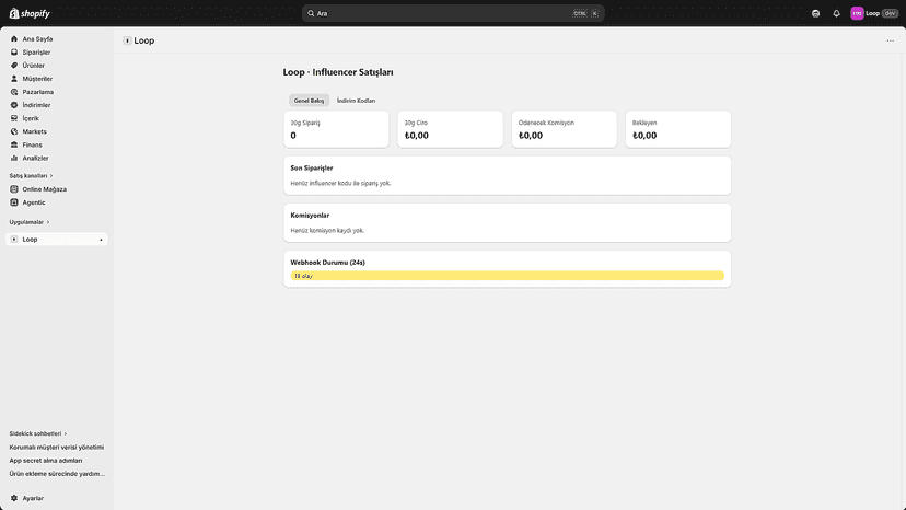 Loop dashboard with influencer sales and commissions
