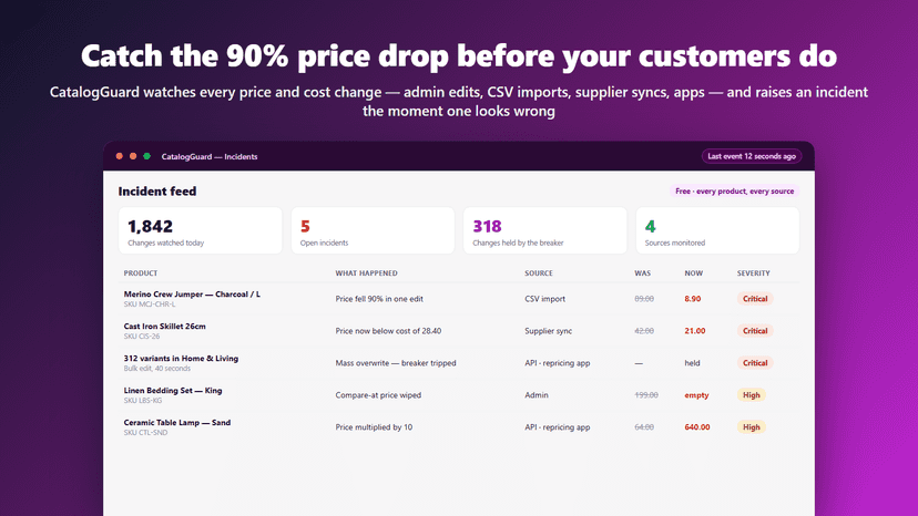 Alert feed showing price changes CatalogGuard flagged