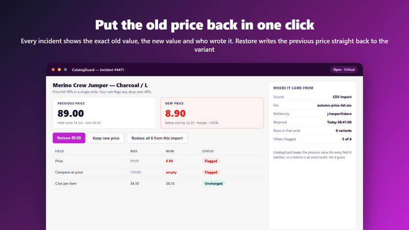 Alert detail with the previous price and one-click restore